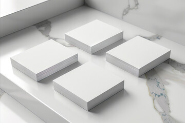 White business cards on a marble surface.