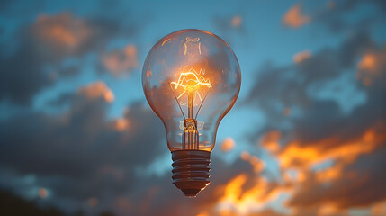 light bulb floating in the sky at sunset