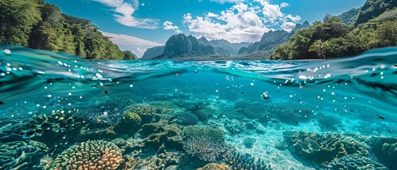 A split underwater scene showing pristine sea on one side and microplastic pollution on the other