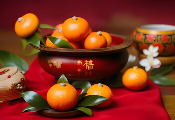 A wooden dish filled with tangerines and a flower pot, placed on a red table