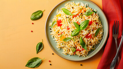 Plate with tasty pilaf on color background
