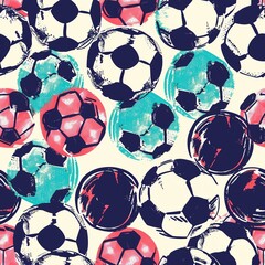 Seamless pattern with soccer ball, trendy Grunge neon texture background. Football sport.