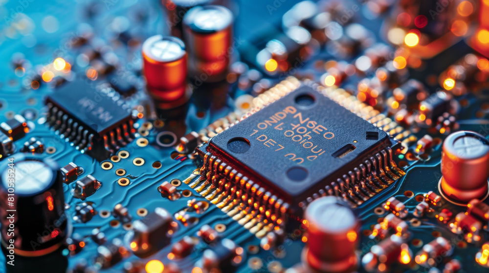 Poster detailed view of microchips and various electronic components on a circuit board, highlighting techn