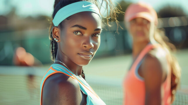 Young African American female tennis player posing confidently with her teammate in the background on a sunny court.