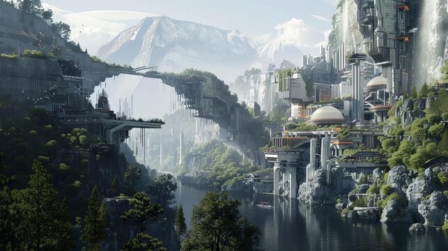 Futuristic cityscape merged with natural landscapes, exploring a utopian vision