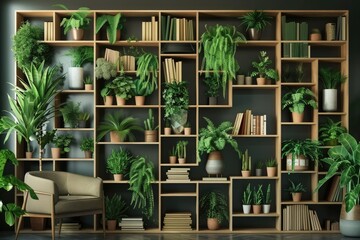 Cozy Corner Office with Modern Bookshelf, Potted House Plants, and Books. Eco-Friendly library Studio Background for Reading and Education