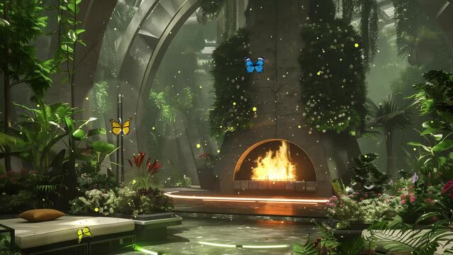 space colony atrium fireplace envision an elegant interior. seamless looping overlay 4k virtual video animation background