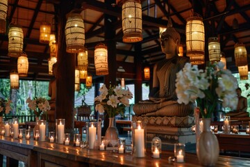 Obraz premium Vesak Day celebration setting with wooden lanterns, flowers, candles, and Buddha statues on weathered wood