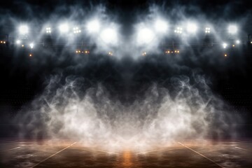 Empty basketball court lights and smoke. creating a spooky ambiance.