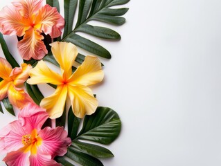 Vibrant tropical flower border on a white background, ideal for summer event posters or travel brochures