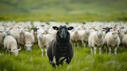 A panoramic view of a lush green field with one black sheep standing prominently among a crowd of white sheep