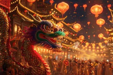 Dragon Festival celebration with colorful dragon costumes, Chinese lanterns, and traditional delicacies
