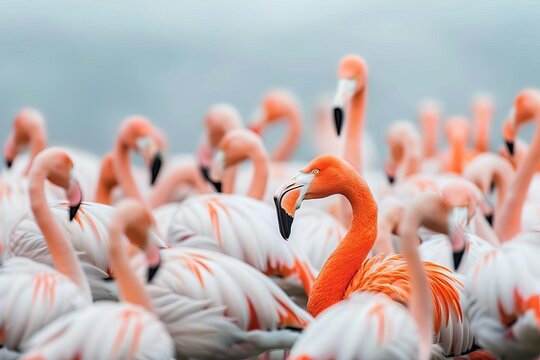 Group of flamingos with a distinctive one, illustrating individuality in conformity - Powered by Adobe