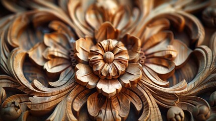 Detailed wooden sculpture featuring an ornate central flower surrounded by swirling patterns in a rustic setting.