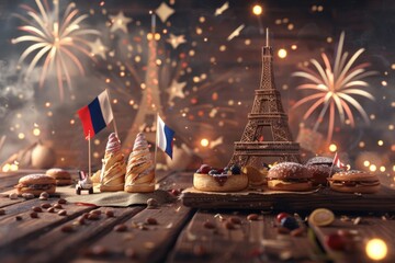 Bastille Day Celebration Display with Bastille Replica, French Flags, and Traditional Pastries on Wooden Backdrop