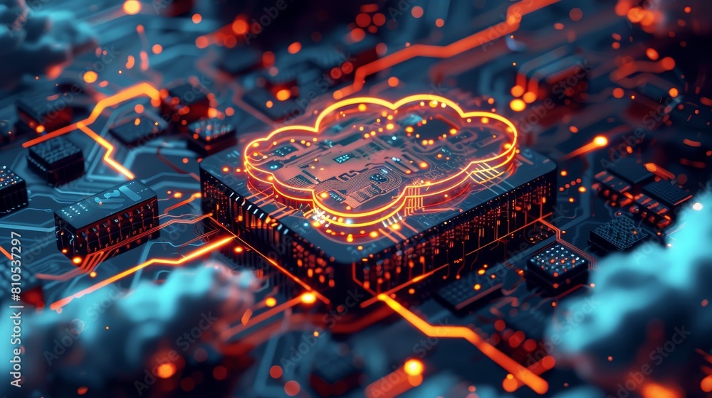 Poster a glowing cloud server in the shape of a circuit board, set against a dark background