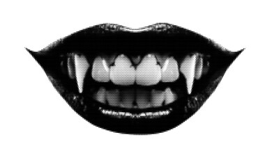 Halloween vampire dracula mouth with sharp teeth. Grunge vector halftone design element