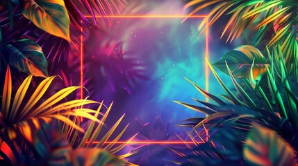Fototapeta premium tropical palm leaves in green, yellow, and orange, framing a glowing diamond