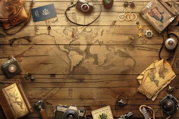 Travel essentials display with suitcases, passports, and global landmarks on a warm wooden background