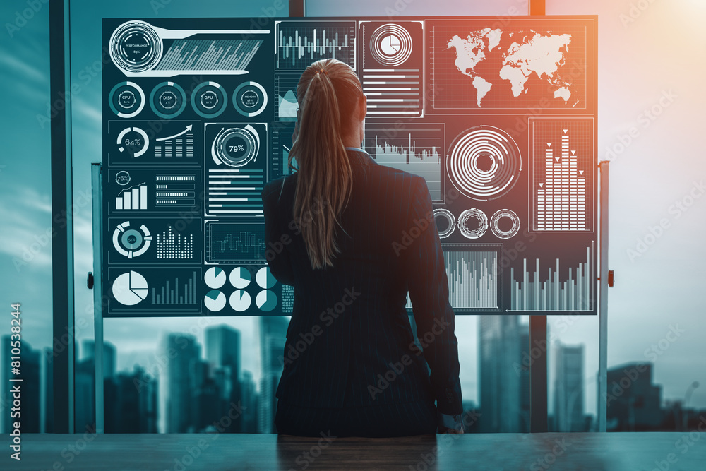Poster big data technology for business finance analytic concept. modern interface shows massive informatio