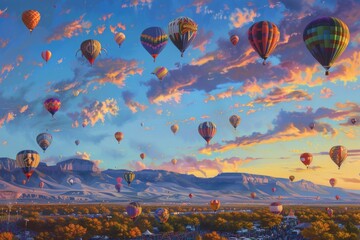 Sunset Hot Air Balloon Festival Over Deserted Mountain Landscape with Diverse Vibrant Balloon Designs
