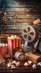 Cinema Magic Scene with Projector, Clapperboard, and Film Reels on a Nostalgic Wooden Background