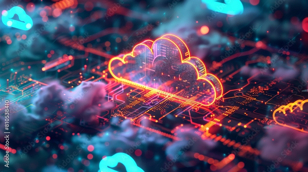 Poster a modern interpretation of cloud computing, accented with neon
