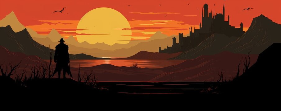 The orange sky is beautiful. The sun is setting over the mountains. The city is in the distance. The two people are watching the sunset.