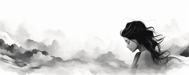 Fototapeta premium A beautiful girl with long black hair sitting on the clouds. She is wearing a white dress and looking down. The background is white.