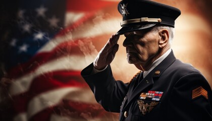 A stern looking military man saluting in front of an American flag. - obrazy, fototapety, plakaty