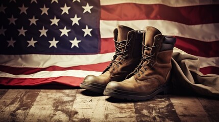 A pair of combat boots rest in front of an American flag.