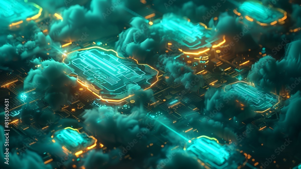 Poster circuit boards and servers designed in cloud shapes, with a color palette of teal and cyan