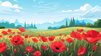 Red poppies flowers field landscape with mountains and blue sky.