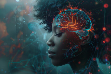 Brain picture inside a head of a futuristic half android woman..