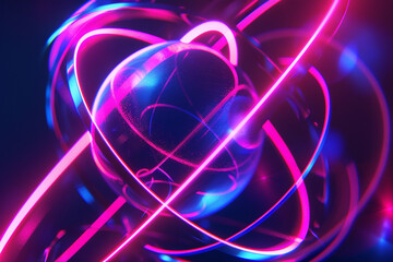 Background graphic with rotating neon toruses and sphere.