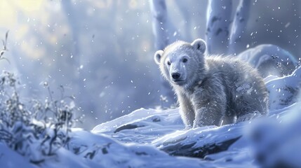 Obraz premium Polar bear cub in a snowy setting, symbolizing climate change effects on wildlife