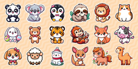 cute animal sticker set collection vector illustration. Set of stickers with cute animals illustration