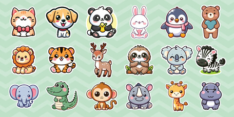 cute animal sticker set collection vector illustration. Set of stickers with cute animals illustration