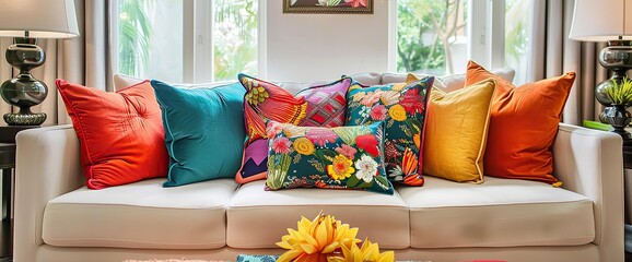 Traditional living room couch with colorful cushions.