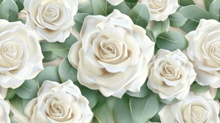 Seamless pattern featuring glossy 3D white roses with subtle green leaf accents, ideal for highend cosmetic packaging or delicate textile prints