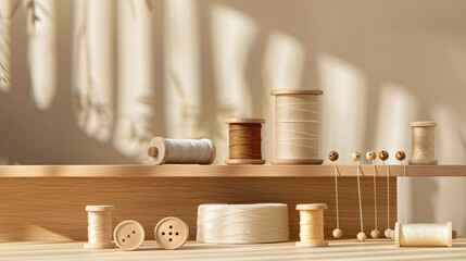 Podiums with thread spools and buttons on beige background - Powered by Adobe