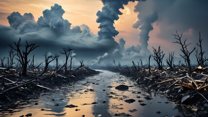    Abstract conceptual illustration of global warming and environmental disaster on Earth....