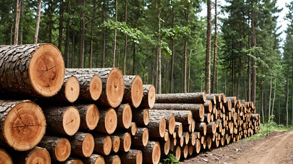 Photo of a pile of natural wooden logs. Stacks of lumber. Stack of hardwood logs. Deforestation, forest destruction.