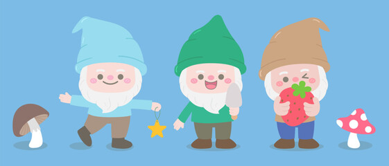 Kids hand drawn cute spring garden gnome dwarf characters
