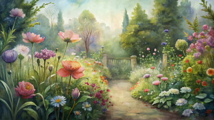 Watercolor background of blooming wildflowers in a secluded garden