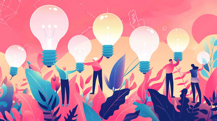 Illustration of a light bulb and business person with grass and flowers blooming idea..