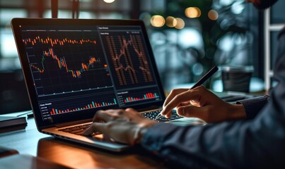 Businessman in formal attire using a laptop for stock market trading