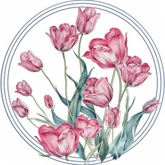 A circle of pink tulips with green leaves on a white background.