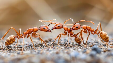 Fototapeta premium A bunch of ants carry a piece of food together, embodying the concept of solidarity and cooperation, close-up，Unified Ant Colony: Cooperation and Teamwork in Nature | 4K HD Wallpaper