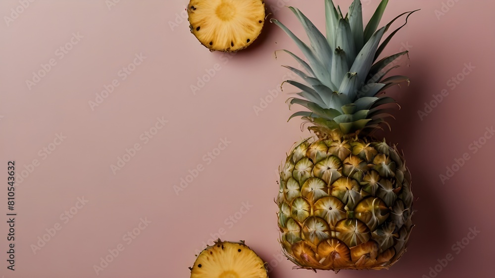 Poster pineapple on bright background creative layout, copy space. flat lay pattern. food concept print gen